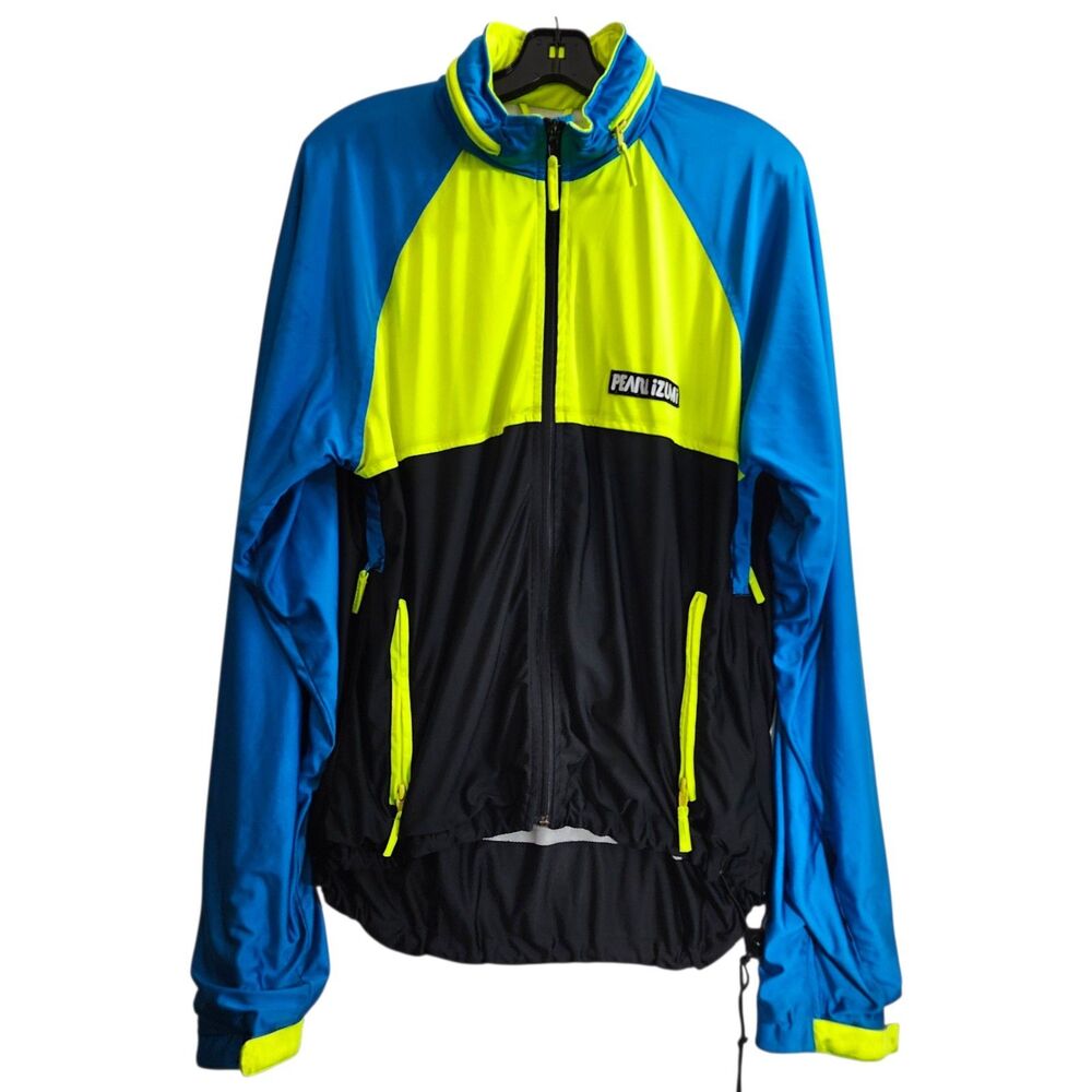 PEARL IZUMI Jacket Men Large Neon Blue Colorblock Hooded Cycling Windbreaker VTG